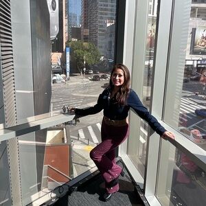 Navy Jacket and Burgundy Pants